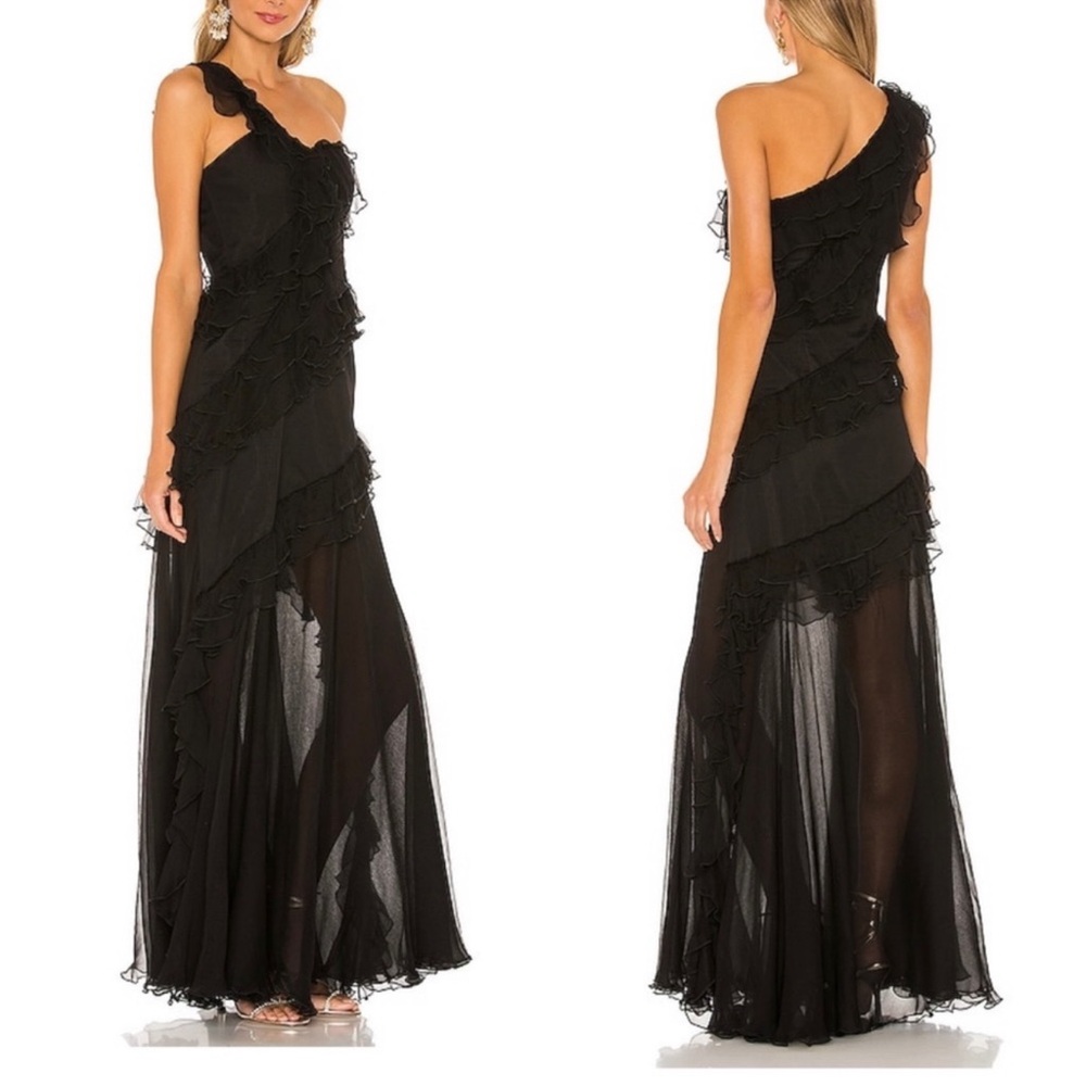 AMUR Black Harlow Silk One-Shoulder Ruffle & Sheer Elegant Long Gown Dress 6